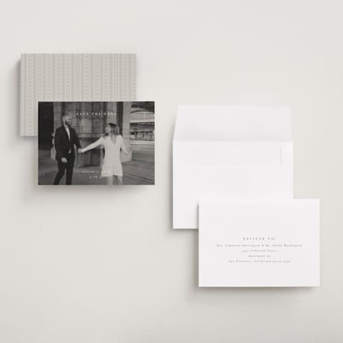 This is a cotton petite save the dates with standard by Amy Kross called veneer printing on recycled smooth signature in petite