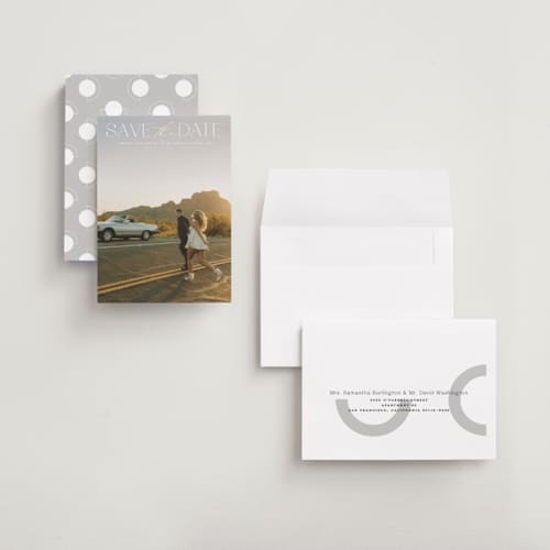 This is a ivory petite save the dates with standard by Maja Cunningham called prose printing on recycled smooth signature in petite
