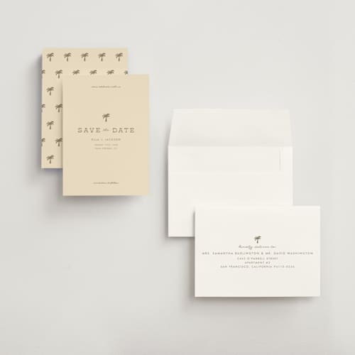 This is a sand petite save the dates with standard by Olivia Goree called vacation printing on signature in petite