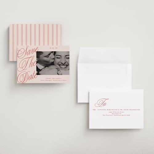 This is a cherry petite save the dates with standard by Alethea and Ruth called script overlay printing on recycled smooth signature in petite