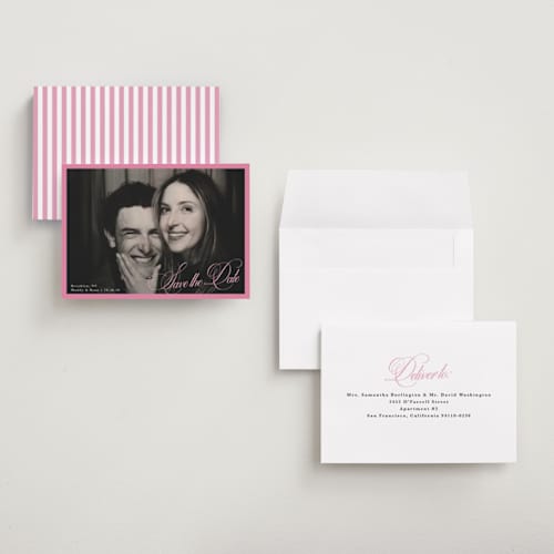 This is a peony petite save the dates with standard by Morgan Kendall called bubblegum printing on recycled smooth signature in petite