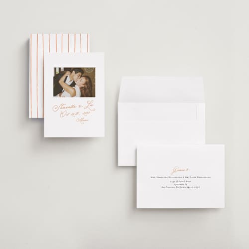 This is a peach petite save the dates with standard by AK Graphics called flourishing printing on recycled smooth signature in petite