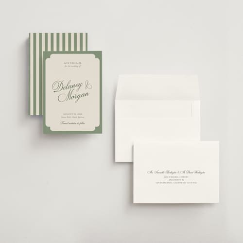This is a olive petite save the dates with standard by Cass Loh called classic bold border printing on signature in petite