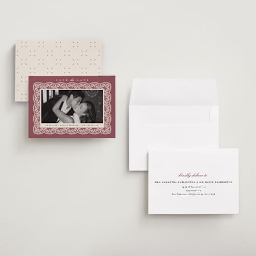 This is a mauve petite save the dates with standard by Erica Krystek called chantilly printing on recycled smooth signature in petite