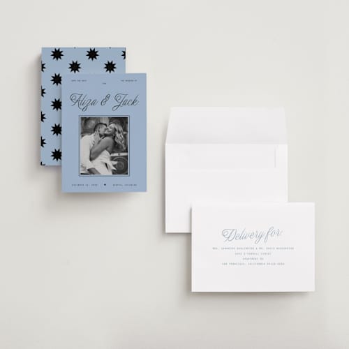 This is a sky petite save the dates with standard by Blustery August called cheers printing on recycled smooth signature in petite