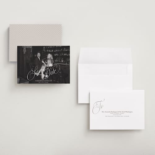 This is a cloud petite save the dates with standard by Kate Ahn called griffin printing on recycled smooth signature in petite