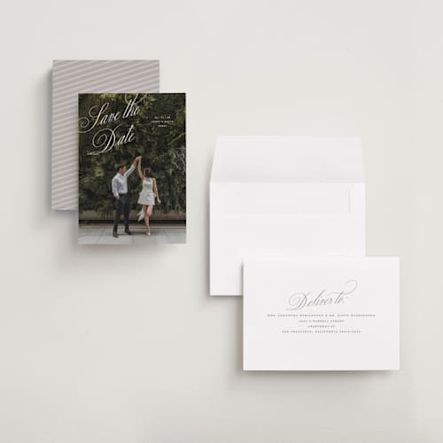 This is a pearl petite save the dates with standard by Pixel and Hank called enamored printing on recycled smooth signature in petite
