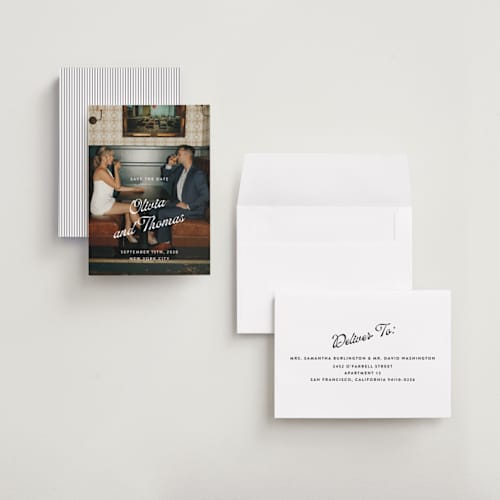 This is a sugar petite save the dates with standard by Paper Raven Co. called manhattan printing on recycled smooth signature in petite