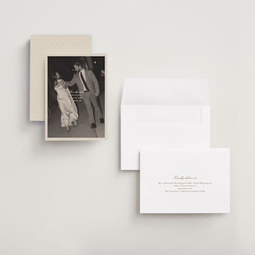 This is a cream petite save the dates with standard by Ellen Schlegelmilch called louie printing on recycled smooth signature in petite