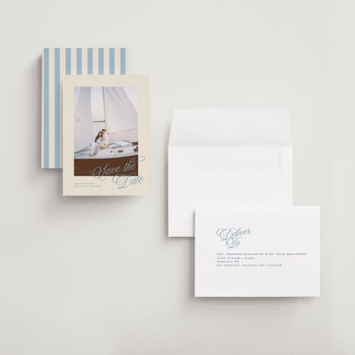 This is a capri petite save the dates with standard by Creo Study called classic contemporary printing on recycled smooth signature in petite