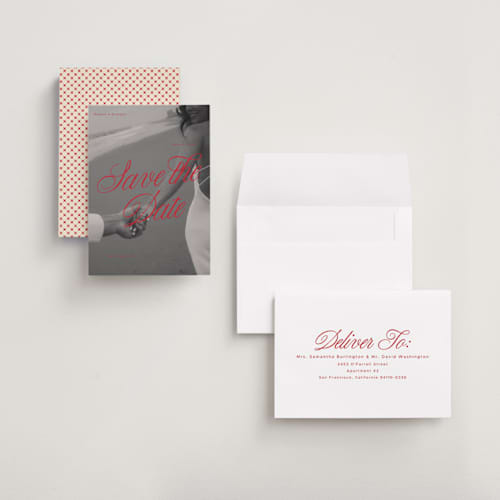 This is a crimson petite save the dates with standard by Vera Lim called poster. printing on recycled smooth signature in petite