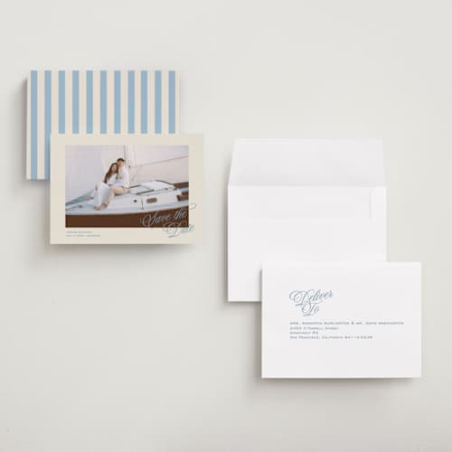 This is a capri petite save the dates with standard by Creo Study called classic contemporary printing on recycled smooth signature in petite
