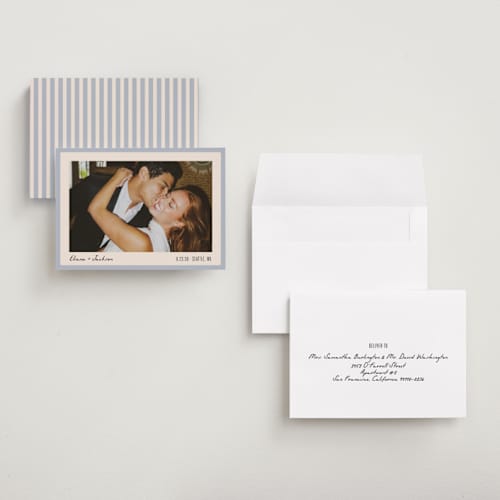 This is a sky petite save the dates with standard by Alethea and Ruth called snapshot border printing on recycled smooth signature in petite