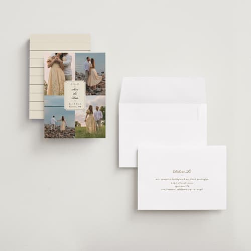 This is a cream petite save the dates with standard by Ashley Iwafuchi called vintage wishes printing on recycled smooth signature in petite
