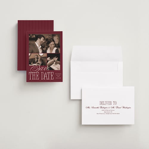 This is a plum petite save the dates with standard by Brianne Larsen called elegant three printing on recycled smooth signature in petite