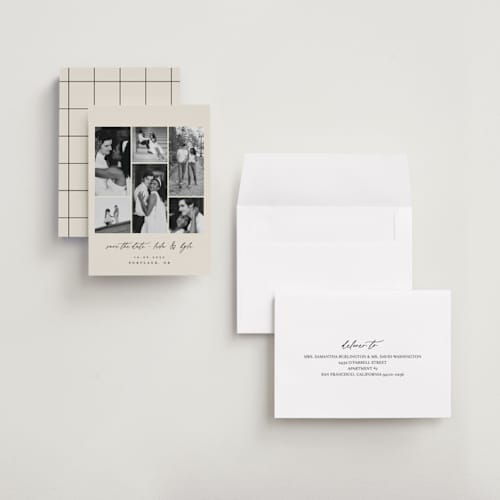 This is a cream petite save the dates with standard by Angela Thompson called merry modern printing on recycled smooth signature in petite