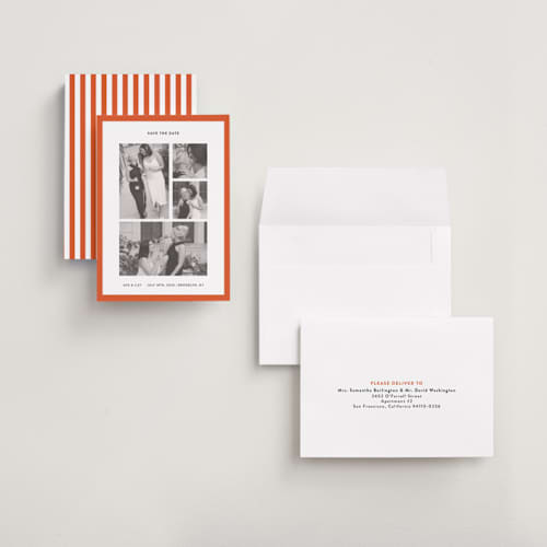 This is a crimson petite save the dates with standard by Wendy Chung called classic collage printing on recycled smooth signature in petite