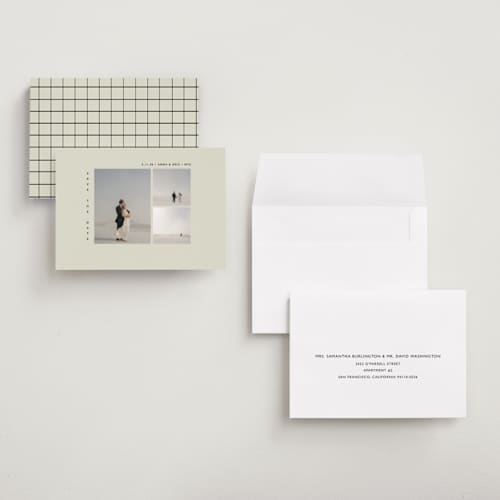 This is a vanilla petite save the dates with standard by Bryanna Mehner called minimal printing on recycled smooth signature in petite