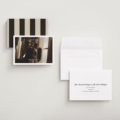 This is a snow petite save the dates with standard by Lucrecia Caporale called simple amore printing on recycled smooth signature in petite