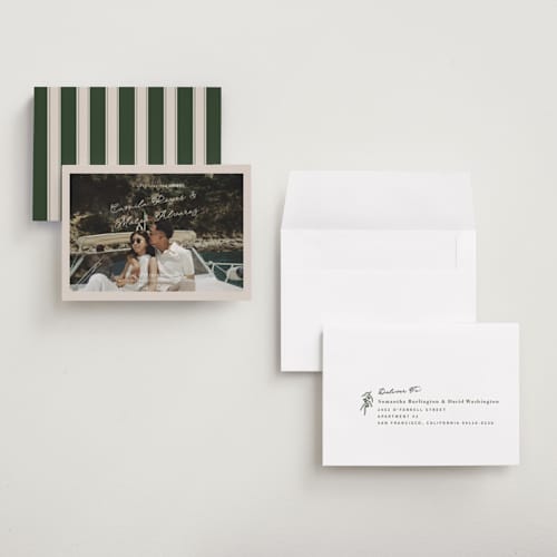 This is a yachting petite save the dates with standard by Design Lotus called where our story begins printing on recycled smooth signature in petite