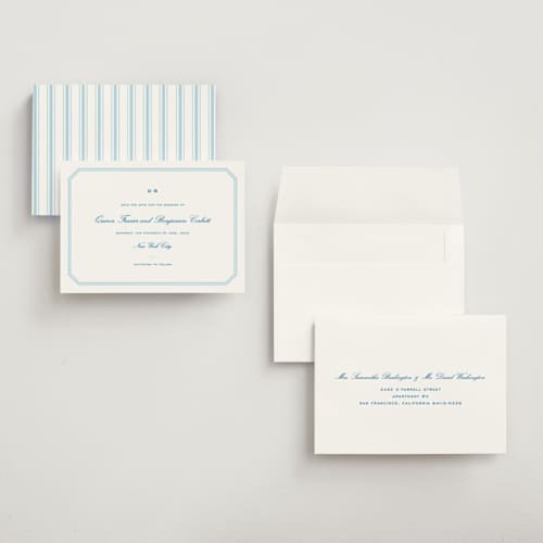 This is a marine blue petite save the dates with standard by Megan Davis called brasserie printing on signature in petite