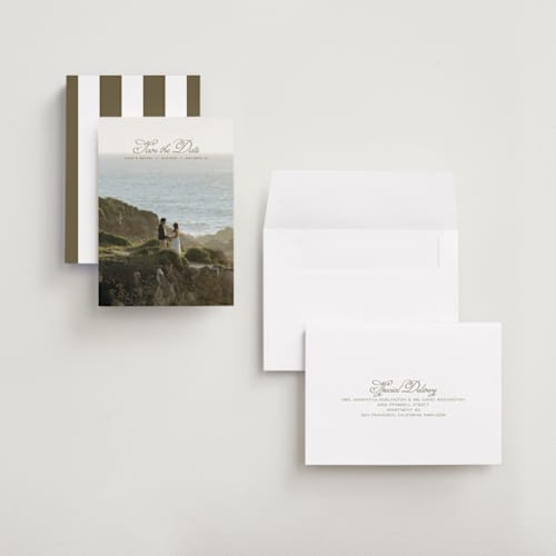 This is a moss petite save the dates with standard by Casey Miller called quiet horizon printing on recycled smooth signature in petite