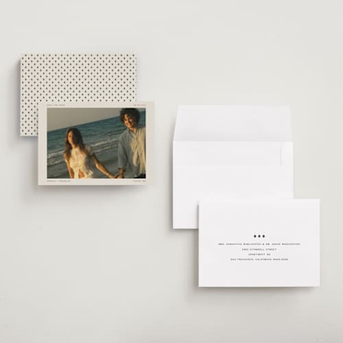 This is a latte petite save the dates with standard by Leah Bisch called simplicity printing on recycled smooth signature in petite
