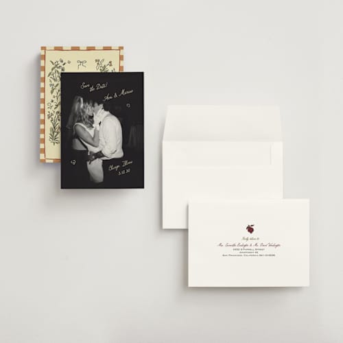 This is a oat petite save the dates with standard by Helena Vitto called love rests in a garden printing on recycled smooth signature in petite