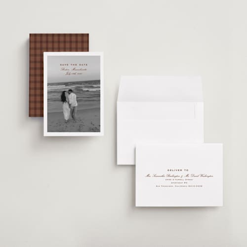 This is a pecan petite save the dates with standard by chocomocacino called flatkaka printing on recycled smooth signature in petite