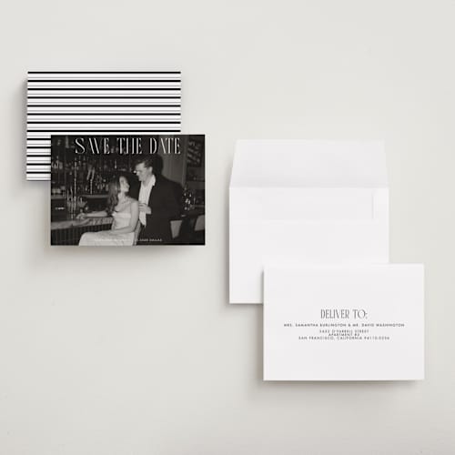 This is a snow petite save the dates with standard by Maja Cunningham called classic timeless printing on recycled smooth signature in petite