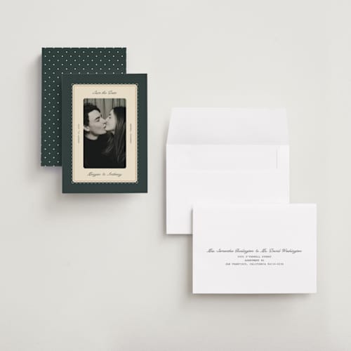This is a emerald petite save the dates with standard by Kate Ahn called bettie printing on recycled smooth signature in petite