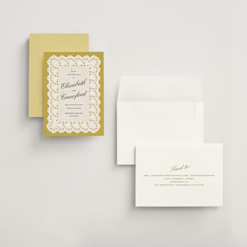This is a citrine petite save the dates with standard by Olivia Kanaley Inman called eyelet printing on signature in petite