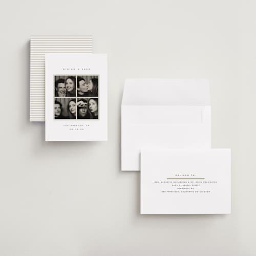 This is a powder petite save the dates with standard by Emily Sabol Goss called snapped moments printing on recycled smooth signature in petite