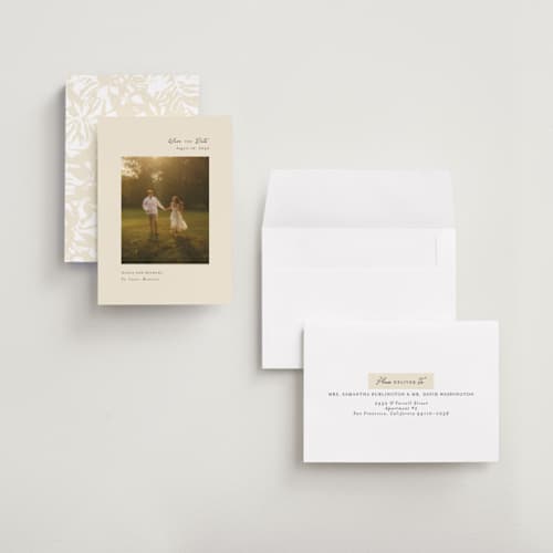 This is a buttercream petite save the dates with standard by Kanika Mathur called timeless keepsake printing on recycled smooth signature in petite