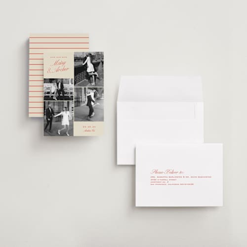 This is a maraschino petite save the dates with standard by Alexandra Cohn called galleria printing on recycled smooth signature in petite