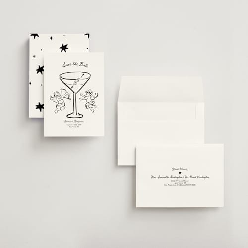 This is a leather petite save the dates with standard by Helena Vitto called happiest hour printing on signature in petite