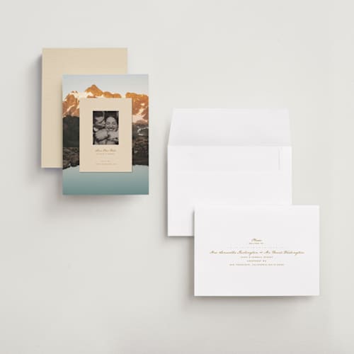 This is a sand petite save the dates with standard by Claudia Orengo called location printing on recycled smooth signature in petite
