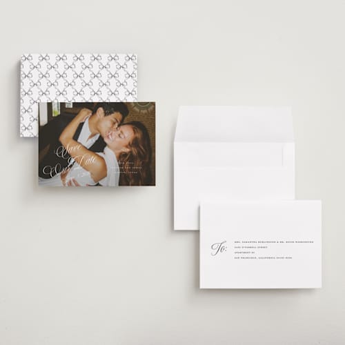 This is a pearl petite save the dates with standard by Leah Bisch called scripted date printing on recycled smooth signature in petite