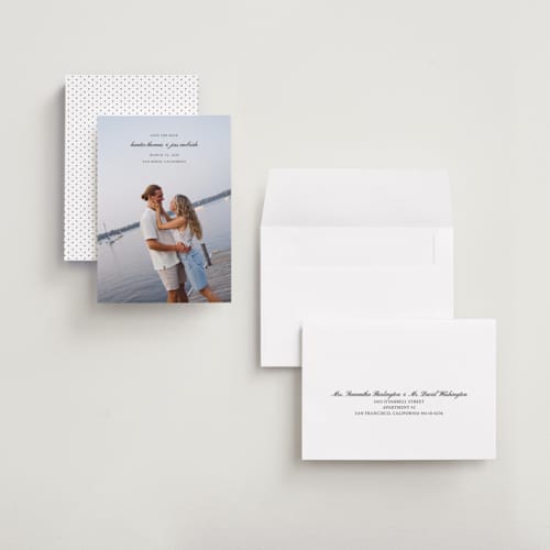 This is a tuxedo petite save the dates with standard by Michelle Buckner called horizon printing on recycled smooth signature in petite