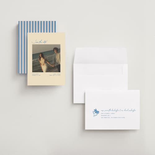 This is a beachy petite save the dates with standard by Design Lotus called the summer we said yes printing on recycled smooth signature in petite