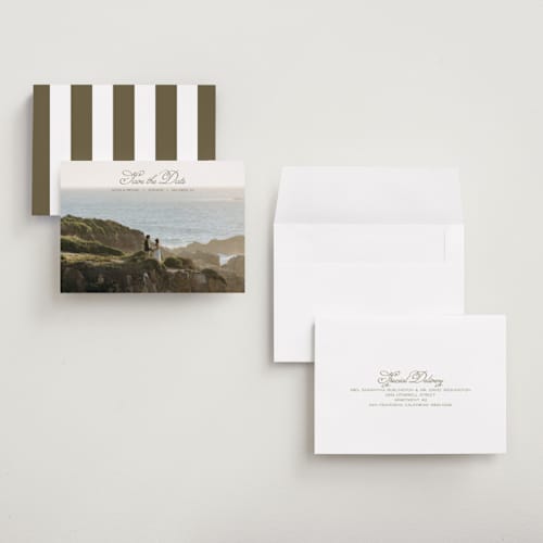 This is a moss petite save the dates with standard by Casey Miller called quiet horizon printing on recycled smooth signature in petite