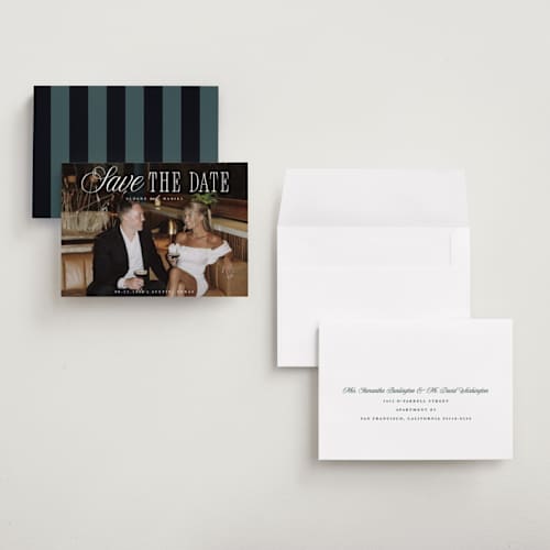 This is a porcelain petite save the dates with standard by Maria Alou called his & hers printing on recycled smooth signature in petite