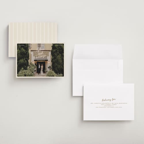 This is a cream petite save the dates with standard by Ellen Schlegelmilch called sylvia printing on recycled smooth signature in petite