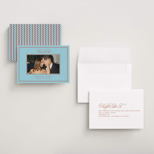 This is a sky petite save the dates with standard by Kelly Watkins called vivid printing on recycled smooth signature in petite