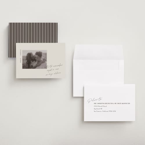 This is a truffle petite save the dates with standard by Vera Lim called offset printing on recycled smooth signature in petite