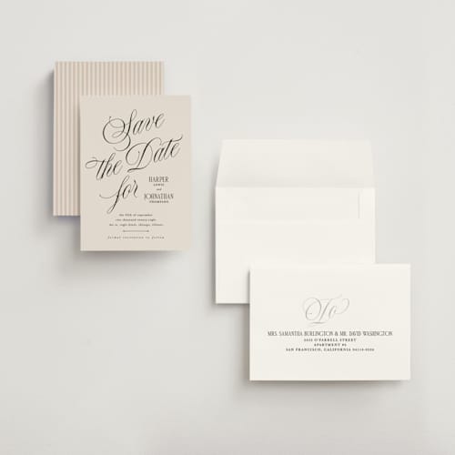 This is a linen petite save the dates with standard by Kate Ahn called mirin printing on signature in petite