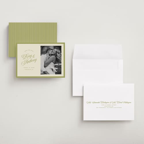 This is a olive petite save the dates with standard by Ellen Schlegelmilch called rory printing on recycled smooth signature in petite