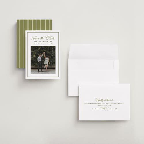 This is a olive petite save the dates with standard by Ellen Schlegelmilch called museo printing on recycled smooth signature in petite