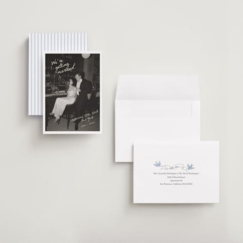 This is a sublime petite save the dates with standard by Helena Vitto called birds of paradise printing on recycled smooth signature in petite