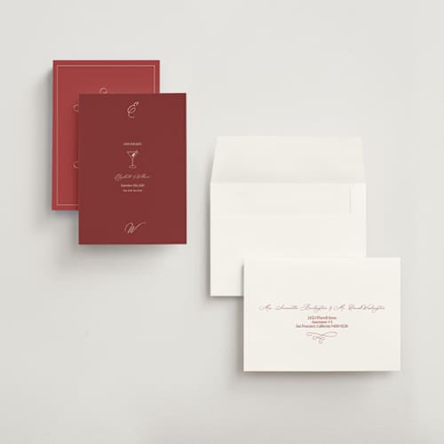This is a burgundy petite save the dates with standard by Helena Vitto called elizabeth printing on signature in petite